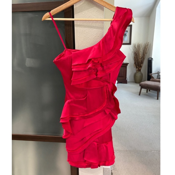 BCBGMaxAzria "Jonesy" One-shoulder Ruffled Mini Dress - Ruby Red Size 0 - Picture 8 of 17